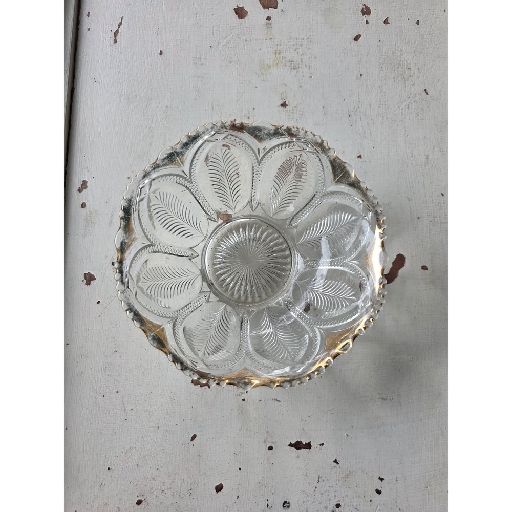 Antique Gold Trimmed Cut Glass Candy Dish Scalloped Feather Pattern Round Bowl